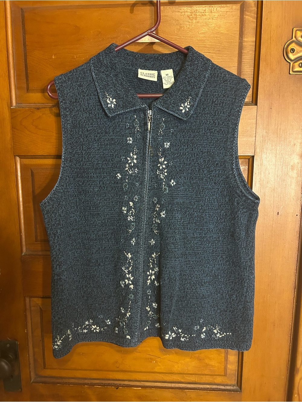 Classic Elements Dark Teal Zip-Up Embroidered Sweater Vest Grannycore
